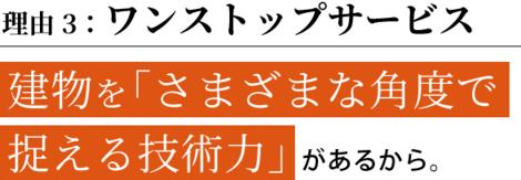 理由3：ワンストップサービス　建物を「さまざまな角度で 捉える技術力」があるから。